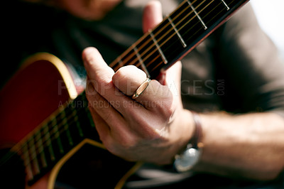 Buy stock photo Music, guitar and entertainment with hands of man in home for performance, band practice and production. Musician, acoustic instrument and creative artist with person in apartment for sound and song
