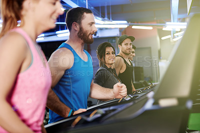 Buy stock photo Cardio, portrait or happy woman on treadmill in gym class for training exercise, body wellness or health. Athlete, smile and people on machine equipment for fitness challenge, daily steps and workout