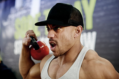 Buy stock photo Gym, man and kettlebell training for exercise, power and sports challenge for muscle. Balance, bodybuilder and heavy weights for fitness with health club, workout and athlete for wellness routine