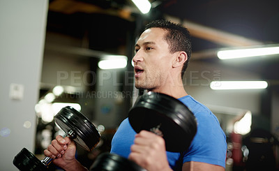 Buy stock photo Strong, workout and man with weights in gym for bodybuilder training, intense exercise and fitness. Sports center, dumbbell and person with weightlifting equipment for strength, challenge or muscles