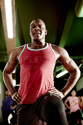 Buy stock photo Man, lunge and exercise at gym with group, coach and low angle with muscle development for legs. Personal trainer, portrait and stretching with balance, sweat or workout with class at fitness club