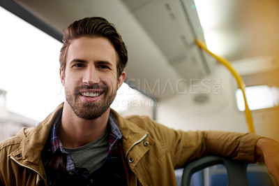 Buy stock photo Happy man, portrait and travel with bus for public transport, morning commute or trip in city. Male person, traveler or passenger with smile in vehicle for local ride, journey or destination in town