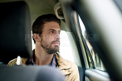 Buy stock photo Taxi, thinking and man in car for commute, urban tourism and transport booking for street journey. Reflection, view and face of male passenger at window for ride, backseat and cab travel in road