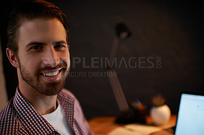 Buy stock photo Happy, business and portrait of man in office on laptop for web design, marketing and website branding. Professional, startup and person at night with confidence, pride and smile for creative career