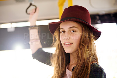 Buy stock photo Portrait, commuter and woman in bus, travel or confident on journey to work, morning routine or trip. Vehicle, employee and person in public transport, passenger and ride in city or urban commute