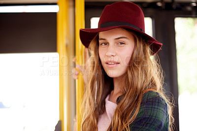 Buy stock photo Travel, smile and portrait of teenager on bus for journey in morning to high school in city. Happy, confident and girl from London on public transport for commuting trip to campus in urban town.