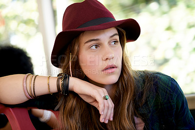 Buy stock photo Thinking, tourism and travel with girl on bus for adventure, journey or sightseeing vacation. Commute, destination and location with thoughtful teen tourist on public transportation for holiday ideas
