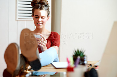 Buy stock photo Teenager, smile and student with phone for study break, funny text message or chat notification in home. Gen z girl, typing or mobile for exam meme, online course or elearning schedule for school