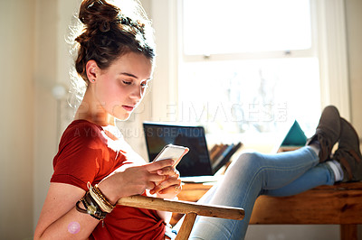 Buy stock photo Break, education and phone with girl student in study of home for college or university assignment. App, relax and social media with person in apartment on campus for communication or scholarship