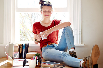 Buy stock photo Smile, teenager and relax on desk with portrait for weekend, coffee break and morning by window. Happy, girl and student with laptop, mug and rest for education, knowledge and confident gen z person