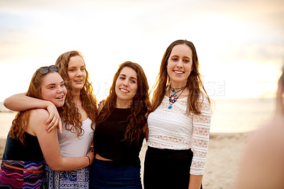 Buy stock photo Beach, friends and photography of women on vacation smile or travel outdoor on tropical island. Happy girls, seashore or picture of group together for holiday, tourism and hug for memory at sunset