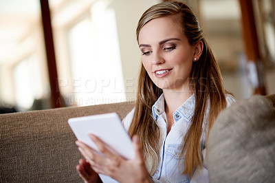 Buy stock photo Home, relax and woman with tablet, typing and online reading with subscription, chatting and email. Happy, tech and person on sofa, digital app and message to contact, social media or communication