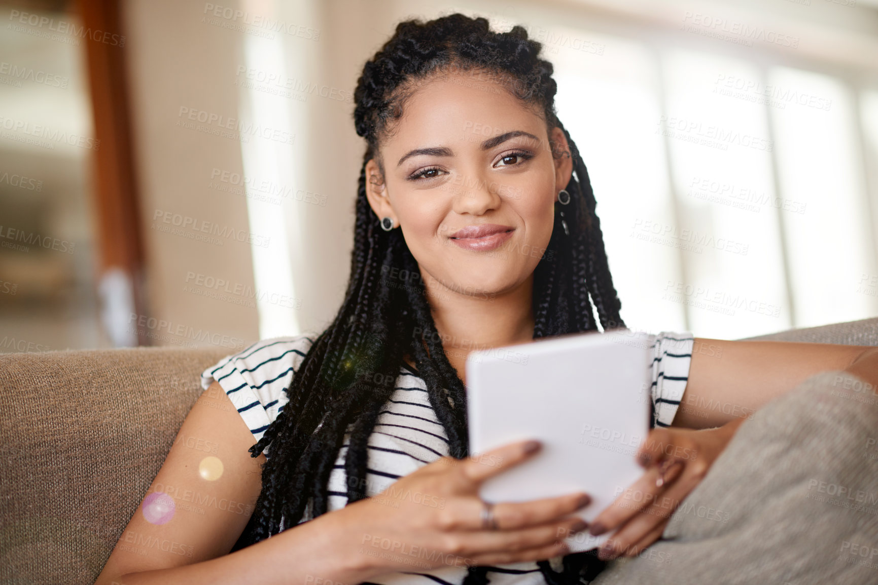 Buy stock photo Portrait, happy and woman with tablet at house for remote work, research and editing article. Smile, female person and digital for copywriting, news story and review draft for publication information