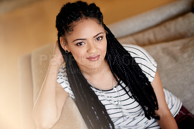 Buy stock photo Above, student and portrait with woman on sofa for peace, comfortable and me time. College break, happiness and flare with female person in living room of home for weekend, resting and confidence