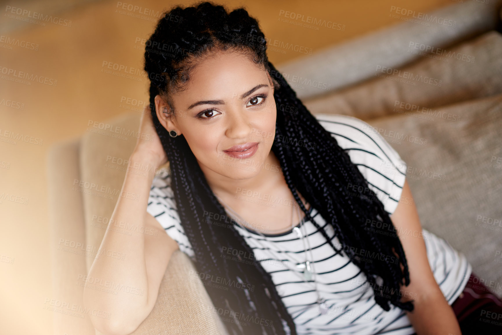 Buy stock photo Above, student and portrait with woman on sofa for peace, comfortable and me time. College break, happiness and flare with female person in living room of home for weekend, resting and confidence