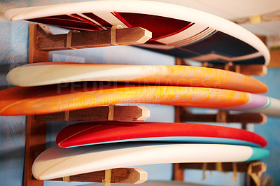 Buy stock photo Design, store and surfboard in workshop for fixing, maintenance or manufacturing. Artistic production, hobby and creative wooden craft in small business for surf shop studio or renovation processes