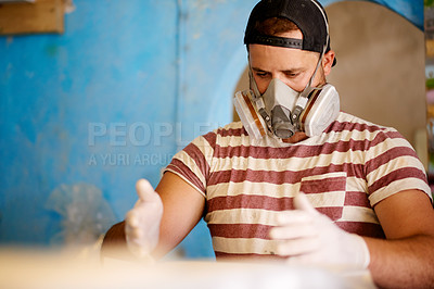 Buy stock photo Respirator, PPE and man with foam, surfboard and creativity for skills, talent and hobby. Craftsman, artist and entrepreneur with workshop for design, manufacturing and custom work for artisan craft
