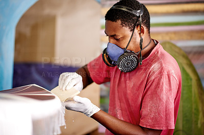 Buy stock photo Surfboard, plastic and person with mask in workshop for manufacturing, production and customization. Garage, small business and black man with surf equipment for repairs, maintenance and renovation
