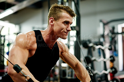 Buy stock photo Machine, exercise and man with cable for chest fly workout, strength training or muscle in gym. Crossover equipment, weightlifting or strong bodybuilder in health club for challenge, power or fitness