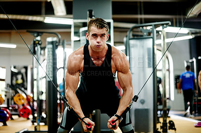 Buy stock photo Fitness, man and machine for bodybuilder, workout and exercise in gym for health and power. Sport person, weightlifting and performance for muscle development, challenge or training for wellness