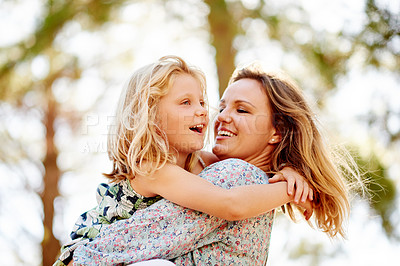 Buy stock photo Outdoor, park and mother with child for support, relationship and connection together in summer. Happy family, mom and girl with smile for bonding, love and trust on weekend holiday in nature