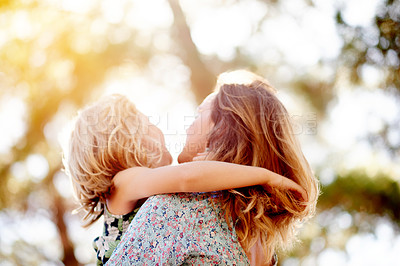 Buy stock photo Outdoor, park and mom with child for support, relationship and connection together in summer. Happy family, mother and girl with smile for bonding, love and trust on weekend holiday in nature