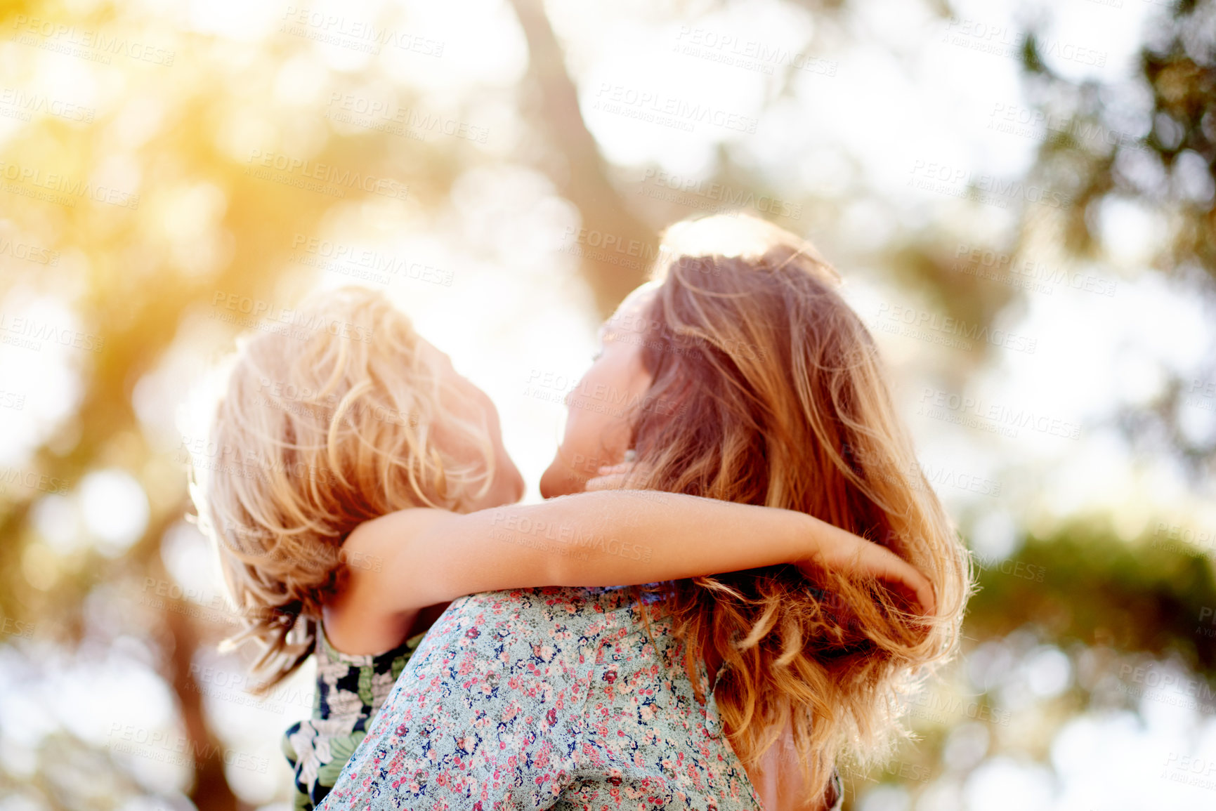 Buy stock photo Outdoor, park and mom with child for support, relationship and connection together in summer. Happy family, mother and girl with smile for bonding, love and trust on weekend holiday in nature
