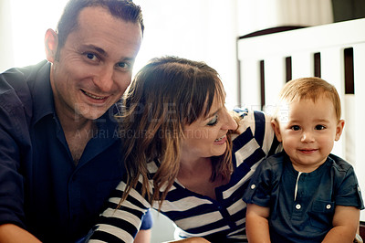 Buy stock photo Parents, portrait or toddler with smile in family home to relax for care, wellness or bonding together. Happiness, father or mother with child in house for relationship, growth development or support