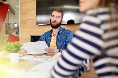 Buy stock photo Boardroom, man and team with paperwork, meeting or planning for campaign budget, info and marketing. Collaboration, people and colleagues with documents for strategy, brand strategist and discussion