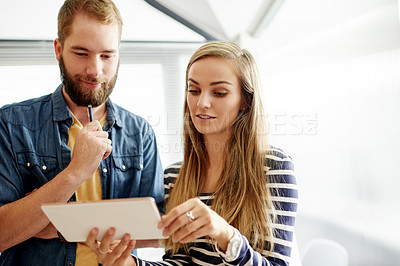 Buy stock photo Business people, meeting and team with tablet for idea, social media marketing or insight. Technology, office and brainstorming in creative startup for planning campaign, reading and review feedback