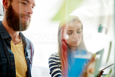 Buy stock photo Creative, business people or writing with schedule planning in office for agenda, tasks or project. Businessman, woman or colleagues with glass board for company strategy or brainstorming together