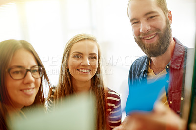 Buy stock photo Teamwork, sticky notes and business people by glass for meeting, brainstorming and project in office. Creative startup, planning and happy workers with ideas for task agenda, strategy and research