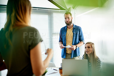 Buy stock photo Team, creative meeting and business people in office for workshop, copywriting tips and brainstorming ideas. Collaboration, news agency and workers for planning story, article research and project