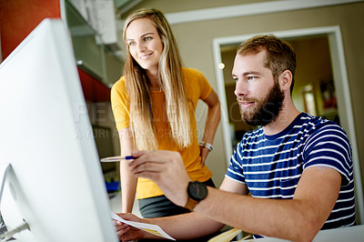 Buy stock photo Business, teamwork and people in workplace, computer and editing with planning for layout. Employees, cooperation and journalist with pc, copywriting and email for review, feedback and conversation