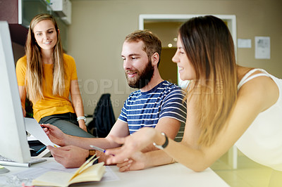 Buy stock photo Business, feedback and people in office, computer and cooperation with planning for article Employees, editing and journalist in workplace, pc or email for review, copywriting or research for report