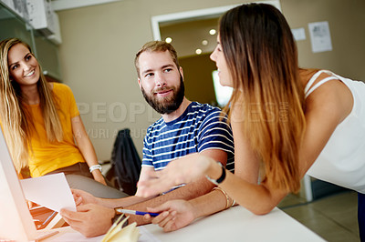 Buy stock photo Team, discussion and laptop with business people in office for graphic designer, meeting and logo research. Planning, project and collaboration with employees in creative agency for branding startup 