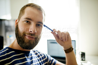 Buy stock photo Pen, portrait and small business with graphic designer man in office for concept development. Confident, design and laptop with professional illustrator at workplace desk for technical startup