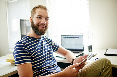 Buy stock photo Portrait, small business and tablet with graphic designer man in office for concept development. App, design and smile with professional illustrator at desk in workplace for technical startup