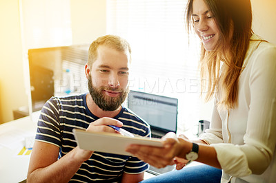 Buy stock photo Man, woman and tablet with discussion, proposal and meeting for interior design office. People, teamwork and digital technology with agenda, review and feedback for property renovation at agency