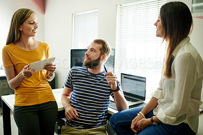 Buy stock photo Team, advice and tablet with business people in office for graphic designer, meeting and logo research. Planning, project and collaboration with employees in creative agency for branding startup 
