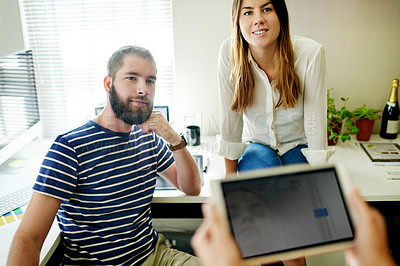Buy stock photo Hands, business people and tablet screen with team for planning budget with event coordinator. Group, tech and meeting for discussion, finance spreadsheet or venue cost with POV in creative office