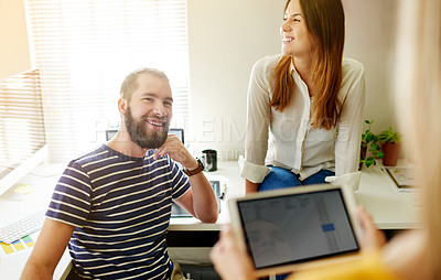 Buy stock photo Hands, business people and tablet screen with group planning budget or laugh with event coordinator. Happy team, tech and meeting for discussion, finance spreadsheet or venue cost in creative office