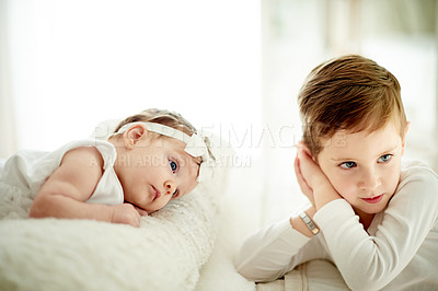 Buy stock photo Baby, bonding or morning with boy in bedroom of home with sibling for development or growth. Family, love or relationship with brother and infant sister on bed in apartment together for security