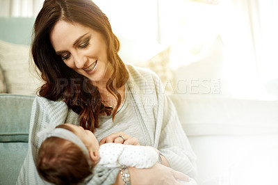 Buy stock photo Mother, love or smile with baby in home for support, care or bonding together to nurture child development. Happy, woman or single parent with infant girl for growth, trust or comfort in family house