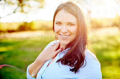 Buy stock photo Portrait, woman and relax with smile at park for travel, summer vacation and explore nature. Happy, female person and good mood for holiday trip, calm morning and fresh air for getaway destination
