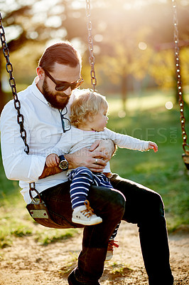 Buy stock photo Park, sunshine and dad with child on swing for fun, adventure and playing together on weekend morning. Family, nature and father with girl on playground for bonding, relationship and flare outdoor