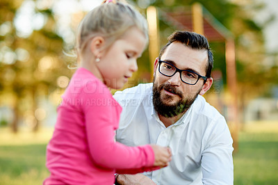 Buy stock photo Care, father and girl in garden with stem, calm moment or quality time in spring adventure. Love, support and family in nature with leaf, sunshine or bonding together for childhood development.