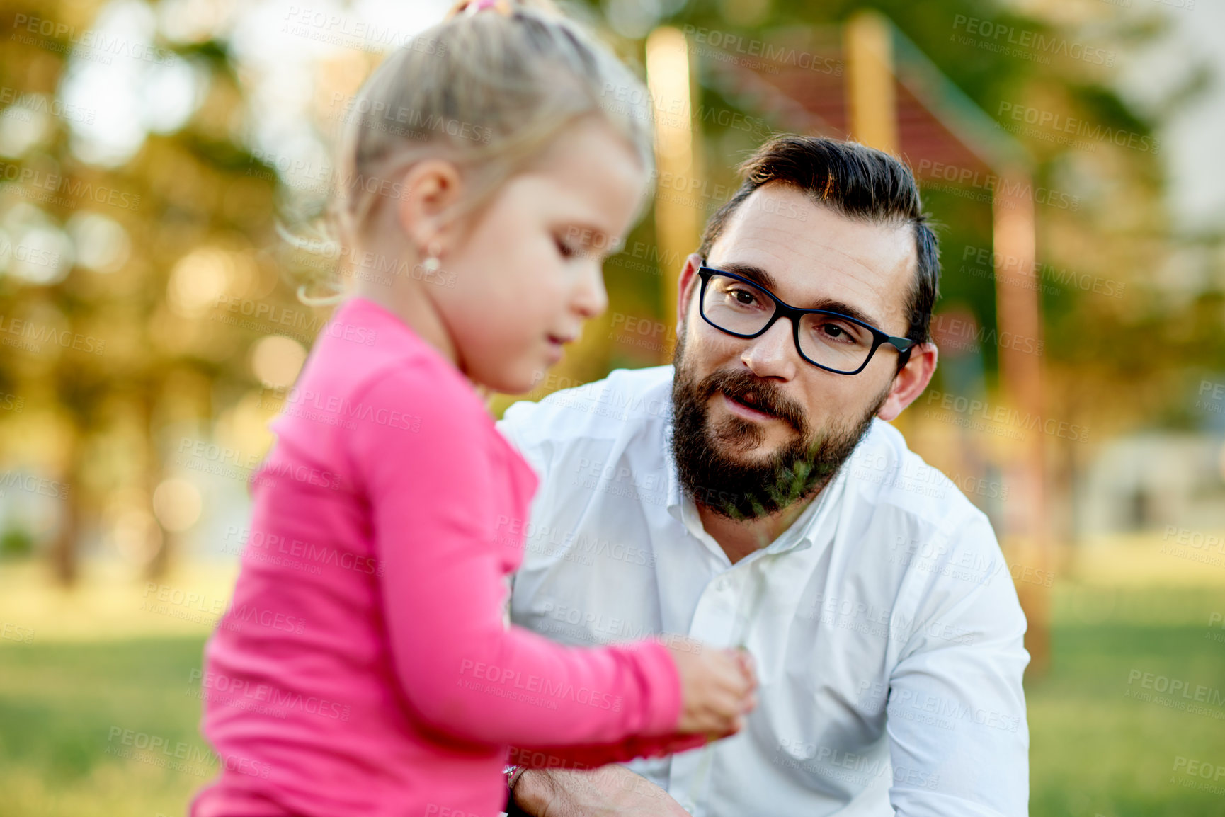 Buy stock photo Care, father and girl in garden with stem, calm moment or quality time in spring adventure. Love, support and family in nature with leaf, sunshine or bonding together for childhood development.