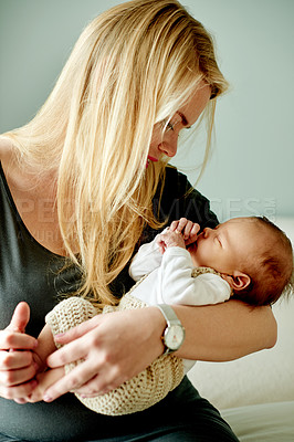 Buy stock photo Tired baby, mother and bonding in home, nap or newborn with love, moment and care. Peace, calm and relationship growth for family, sleepy infant or woman for new motherhood with safety at house