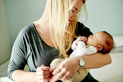 Buy stock photo Home, woman and bonding with child, sleeping and parent with love for newborn, protection or safety. Baby, nap and mom with daughter in nursery, resting and childcare in house, affection and care